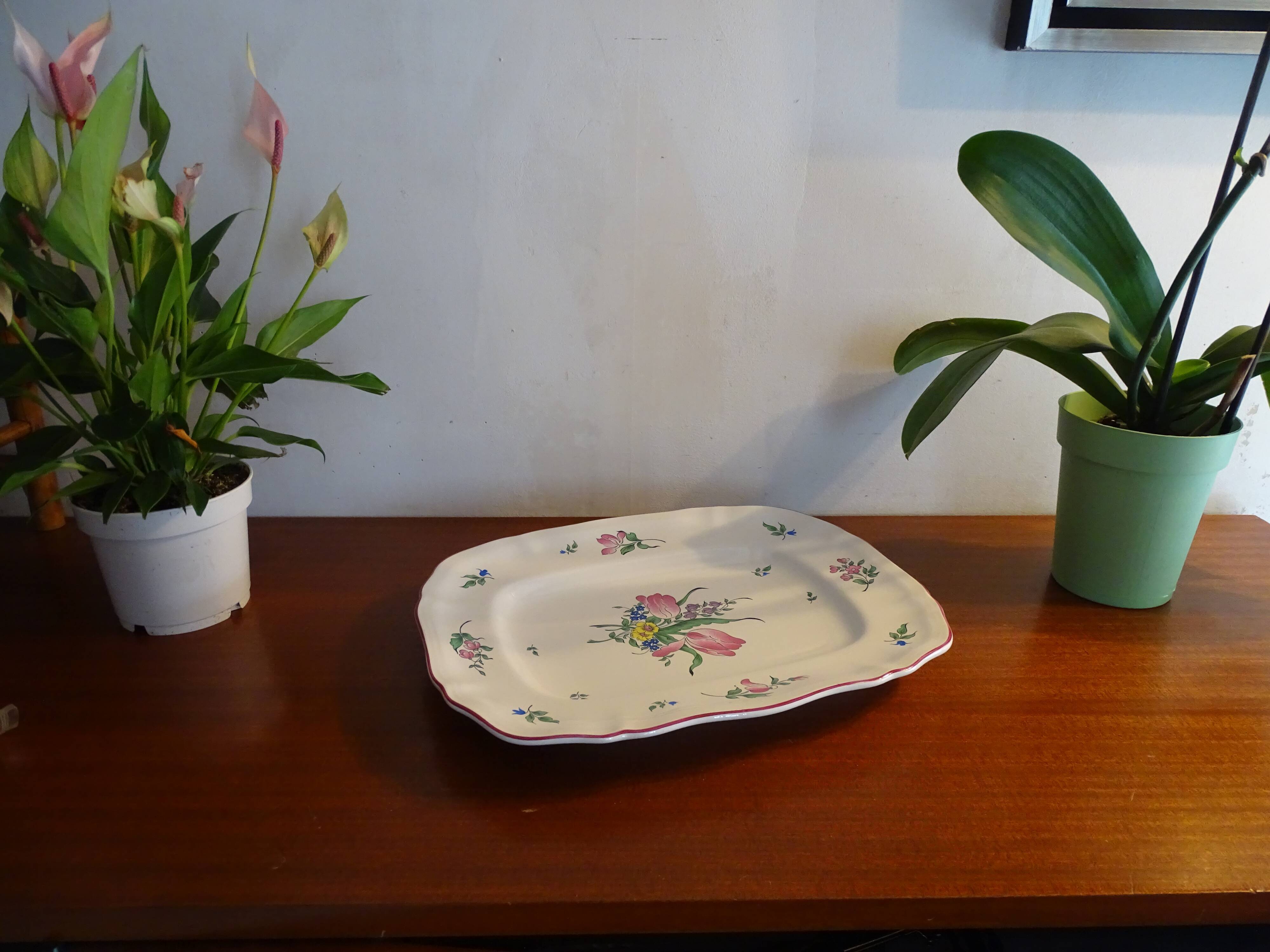 Large dish KG Lunéville street lamp tulip and flowers - 35.5 cm x 28 cm