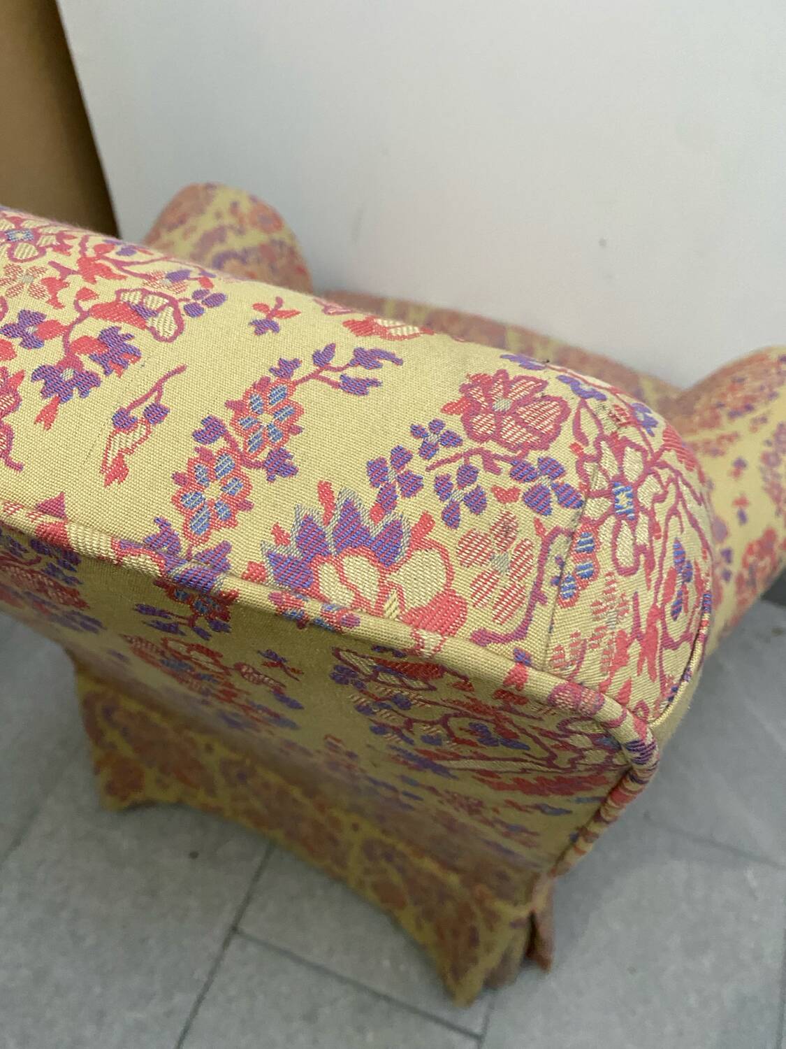 Antique English armchair with Liberty floral tapestry