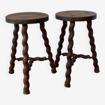 Pair of tripod stools spiral feet