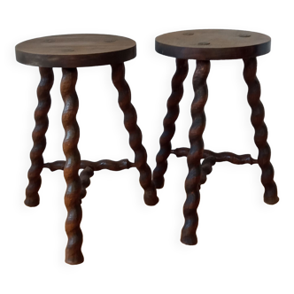Pair of tripod stools spiral feet