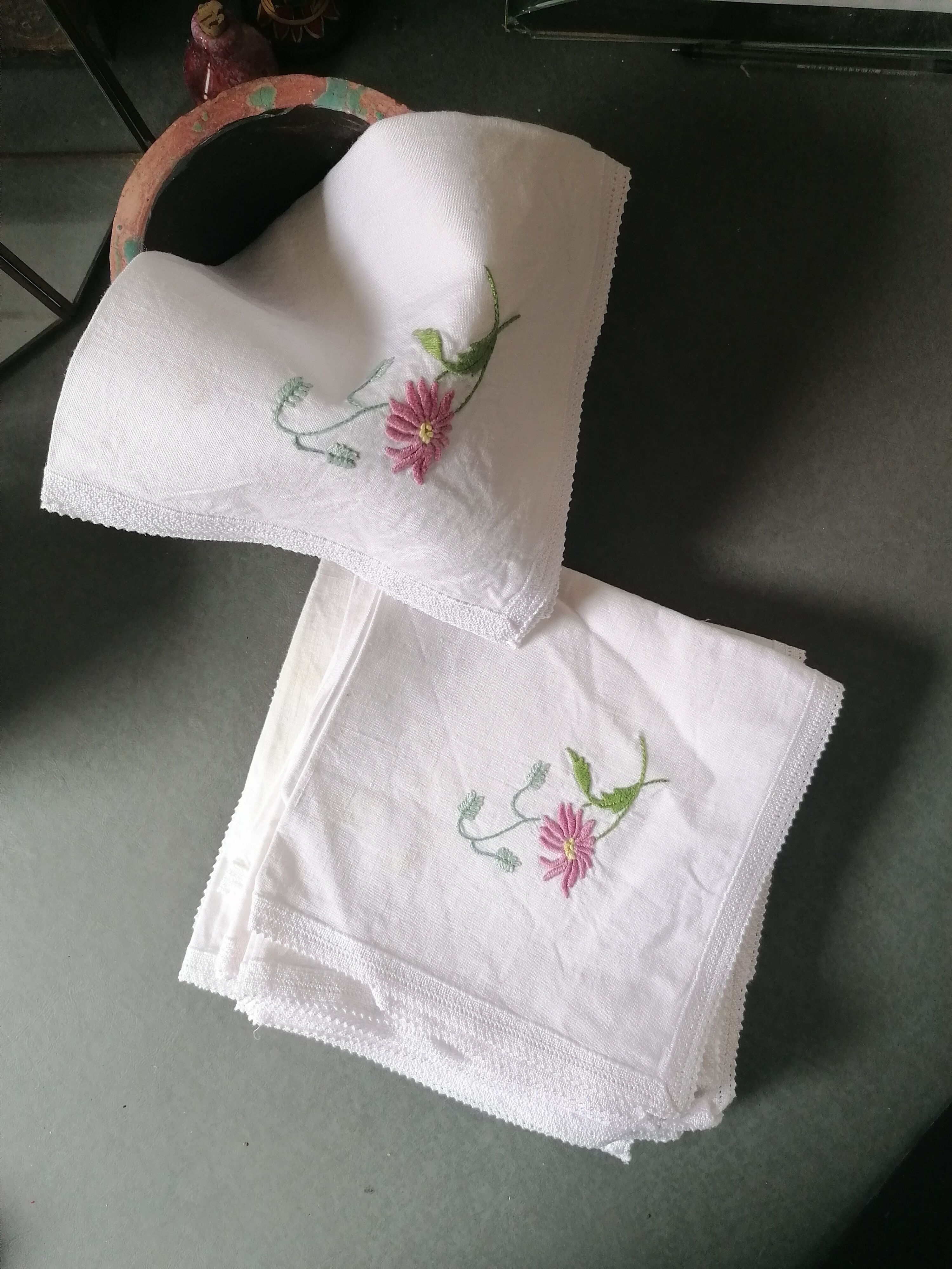 Hand embroidered "flower" and lace embroidered napkins