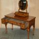 Vintage English walnut burr dressing table with mirror and chair.
