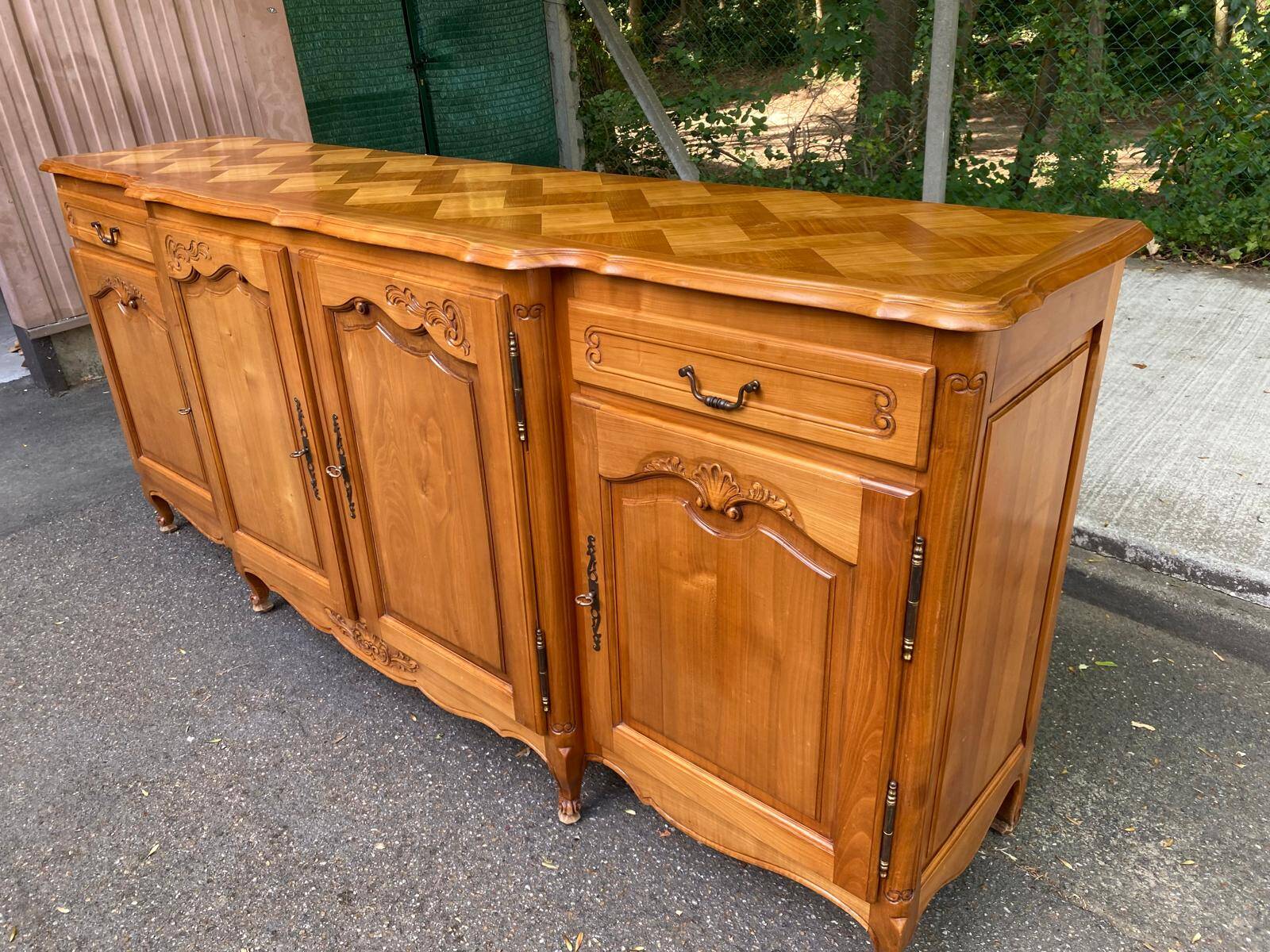 Light solid wood enfilade with Louis XV marquetry, 1950, 230cm.