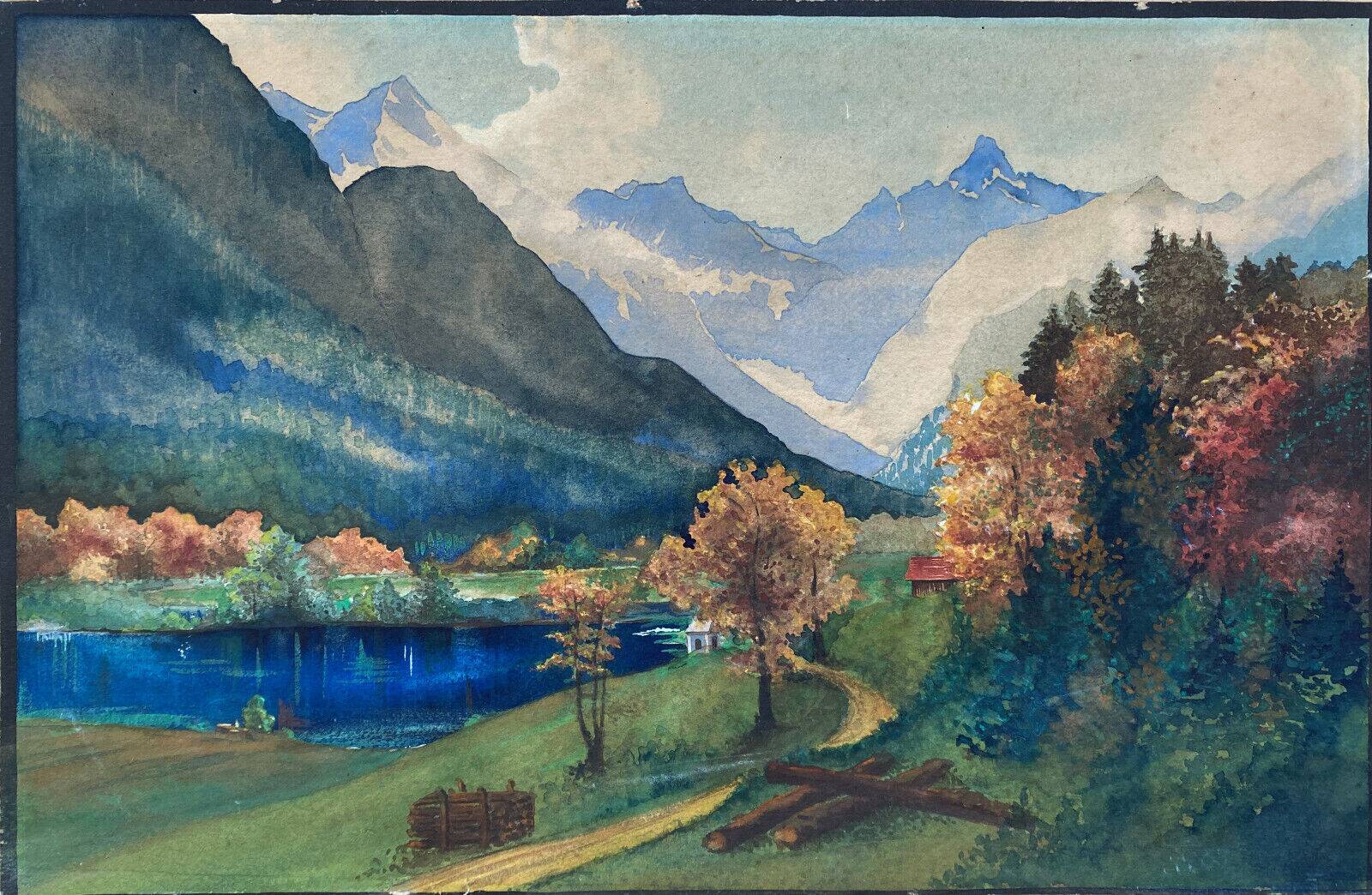 Watercolor Painting "Alpine landscape" with river and snow-capped mountains