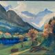Watercolor Painting "Alpine landscape" with river and snow-capped mountains