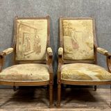 Pair of Louis XVI style shepherdesses with tapestry of La Fontaine's fables circa 1850