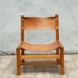Armchair in solid elm and leather Maison Regain 1970
