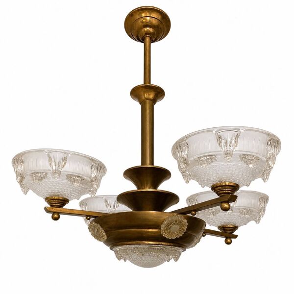 Lustre art déco signé ezan en pâte de verre et cuivre