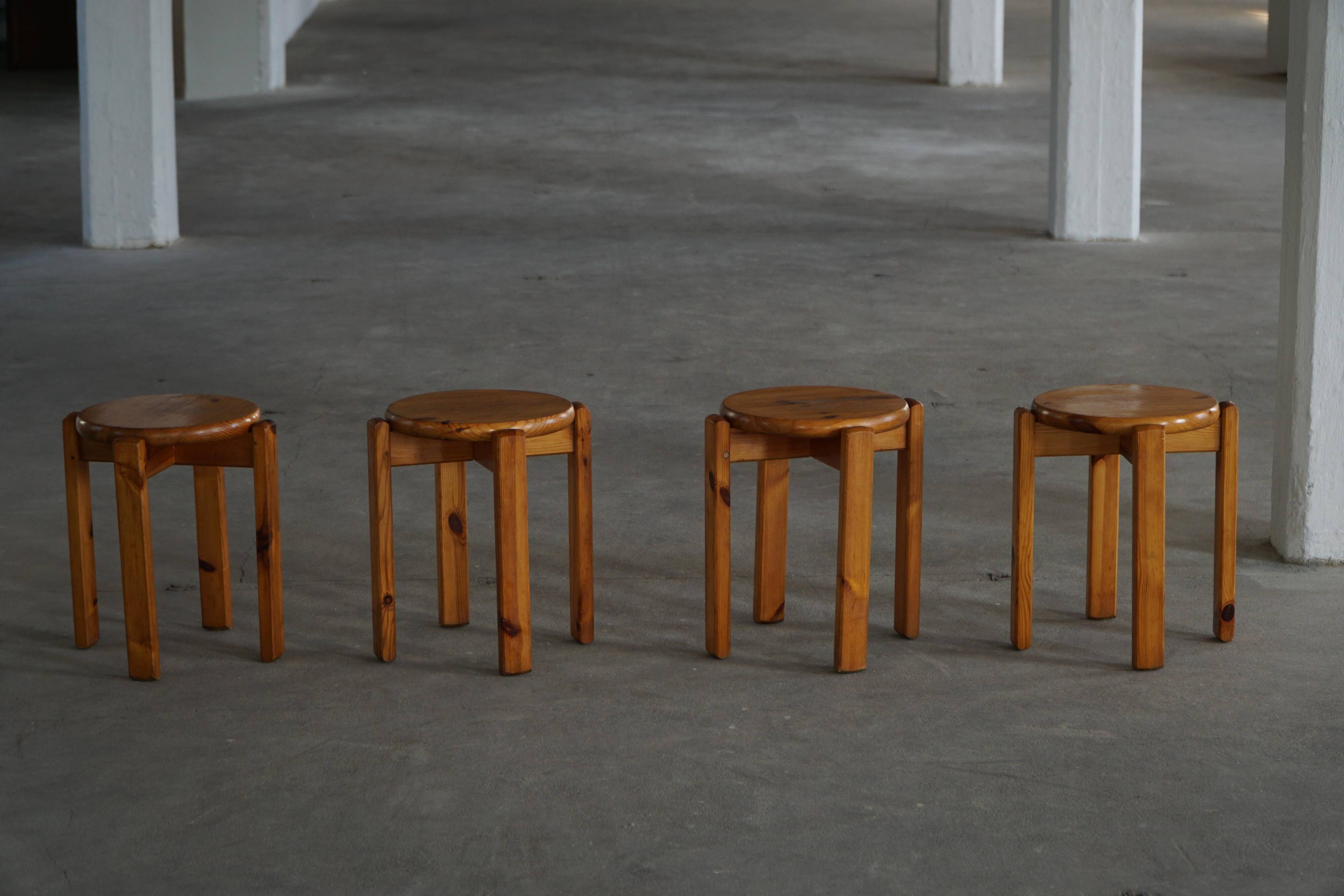Mid-20th century, set of 4 vintage stackable pine stools, Danish design.