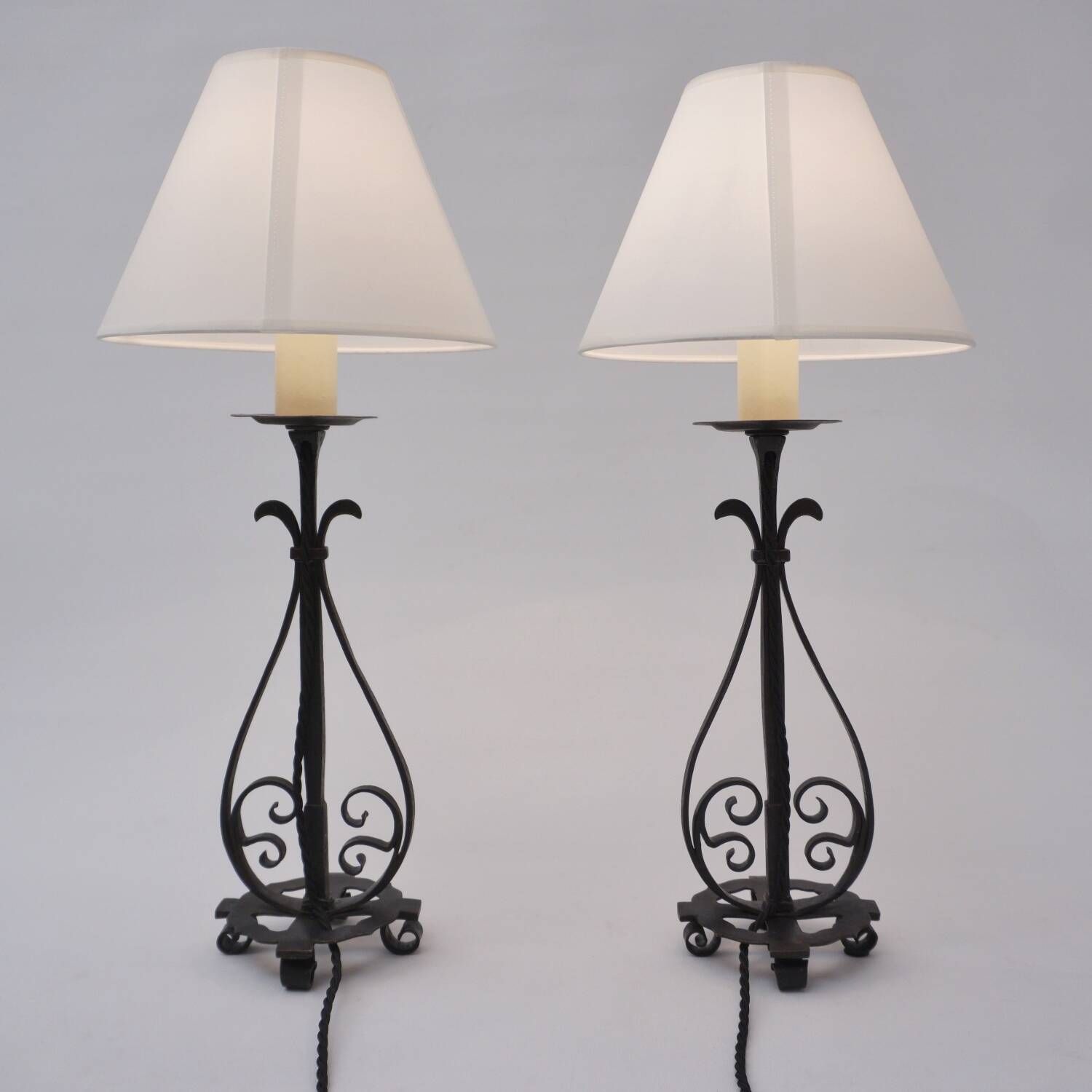 Arts & Crafts pair antique wrought iron table lamps 1920's English, rewired