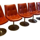 6 chaises tulipe vintage en cuir rouge vif années '70 ère spatiale