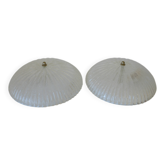 Set of 2 vintage hand blown ice glass wall sconces / pair of flush mount ceiling lights