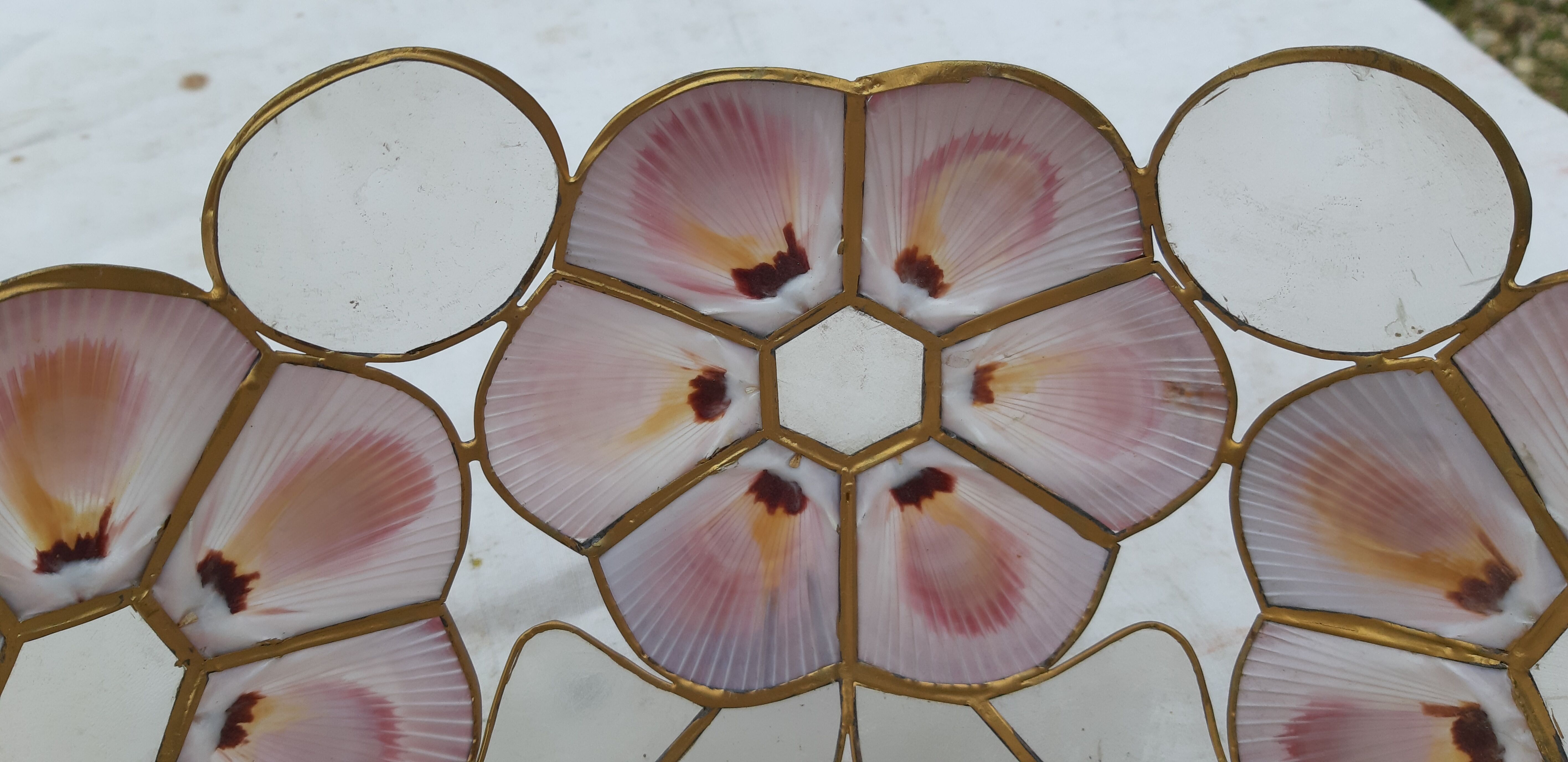 Pair of vintage pendant lamps in brass mother-of-pearl and shells