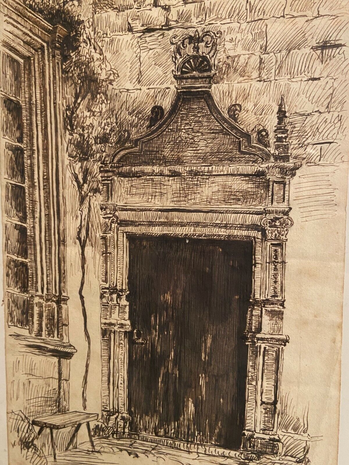 Ink drawing early twentieth century representing a Renaissance style entrance to a residence