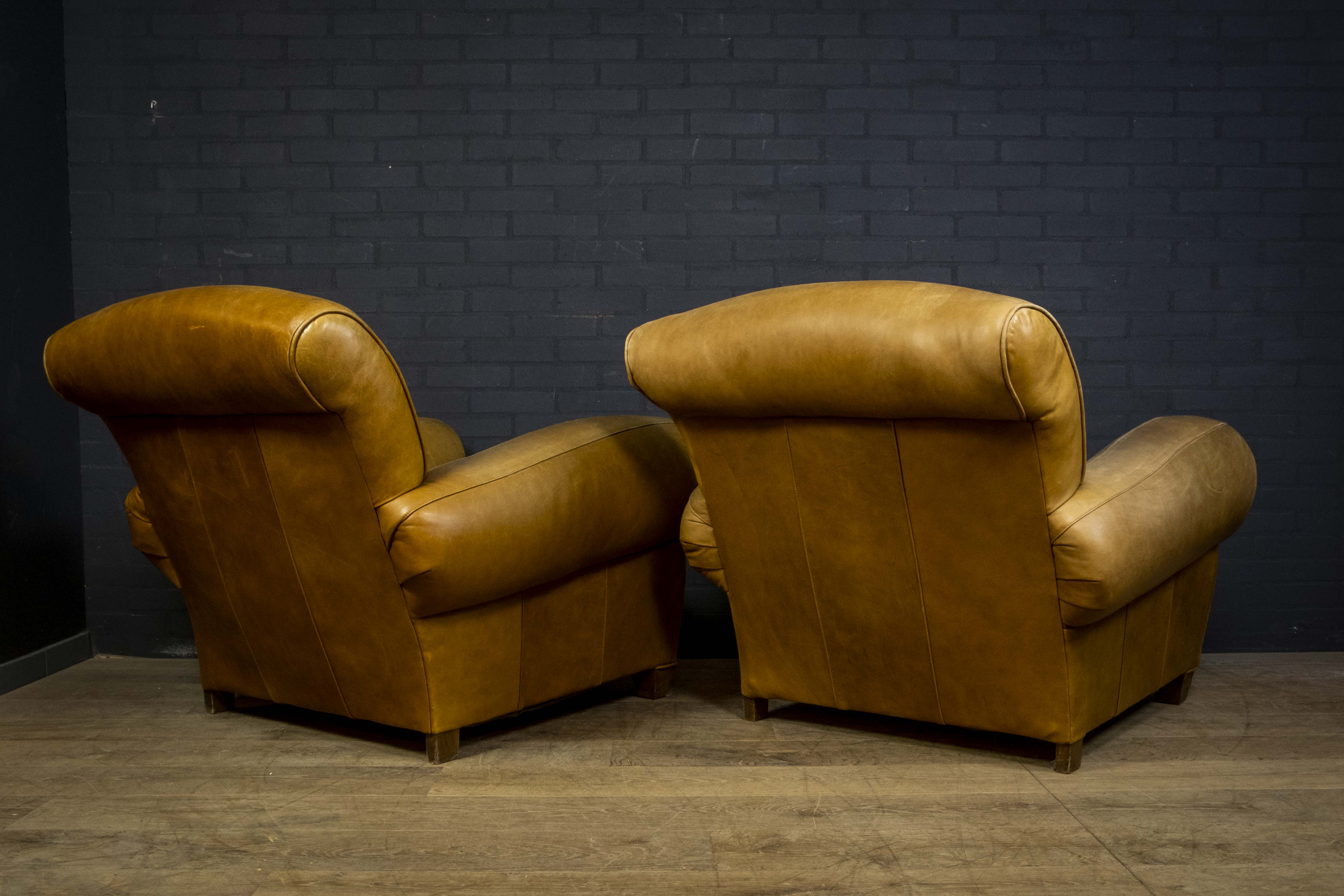 Set of leather french club armchairs