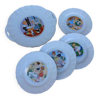 Sarreguemines pie dish and dessert plates - children's talking plates.