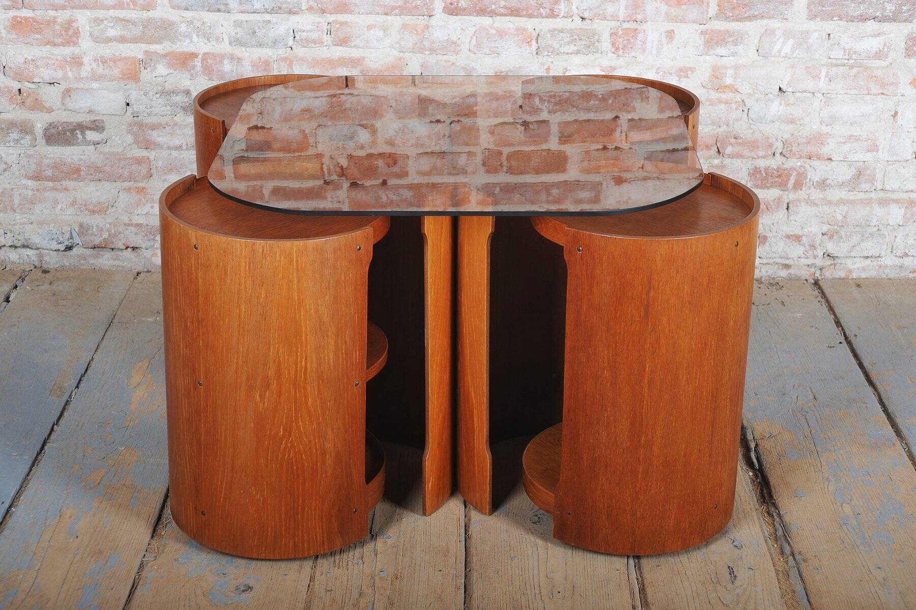 Mid-Century Modern Nesting Table in Oak and Smoked Glass, Czech, 1960s, Set of 5