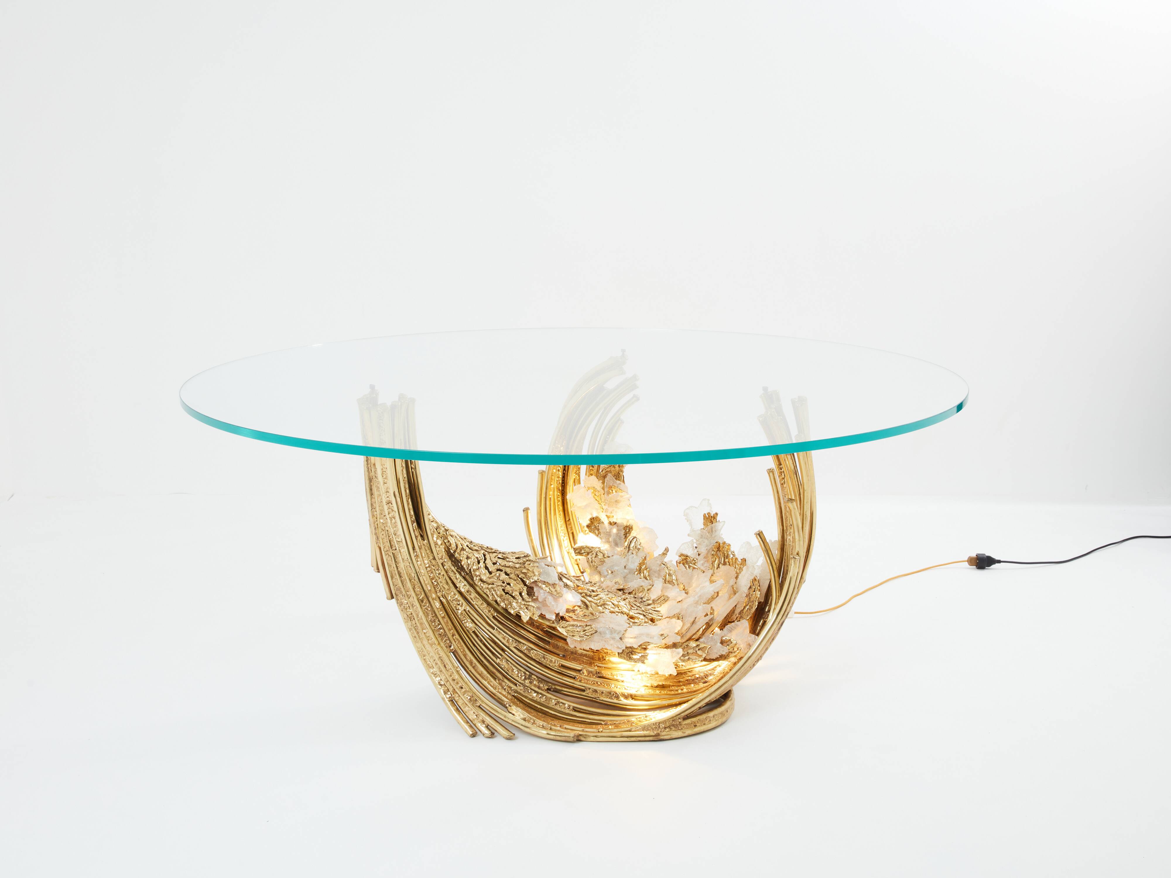 Dining table brass sculpture rock crystals Isabelle Faure 1970