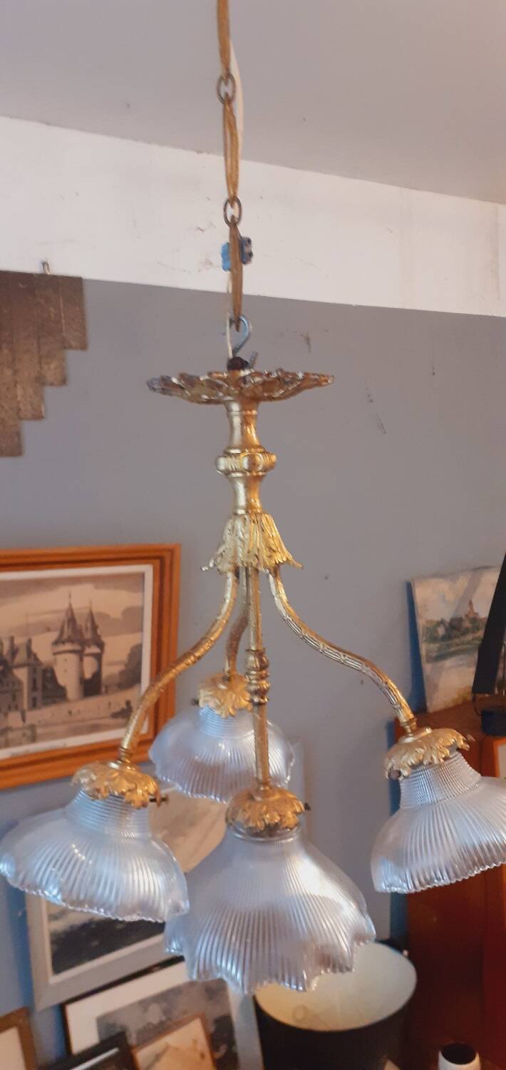 Chandelier in gilded bronze late 19th century around 1900 holophane glassware