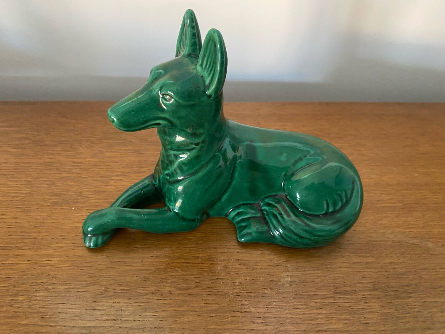 Antique St Clement German Shepherd Dog Sculpture Green Ceramic #C134