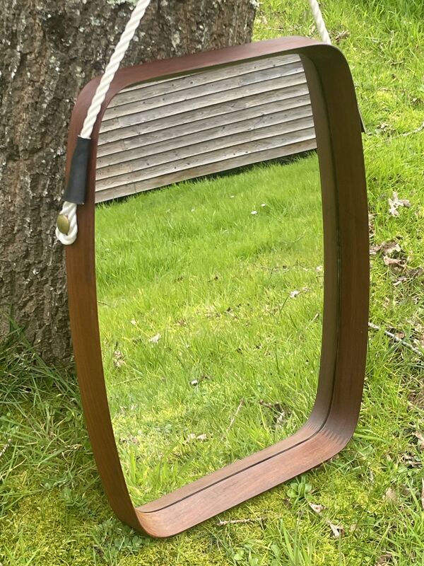 Ancien miroir teck scandinave forme tonneau vintage 50/60