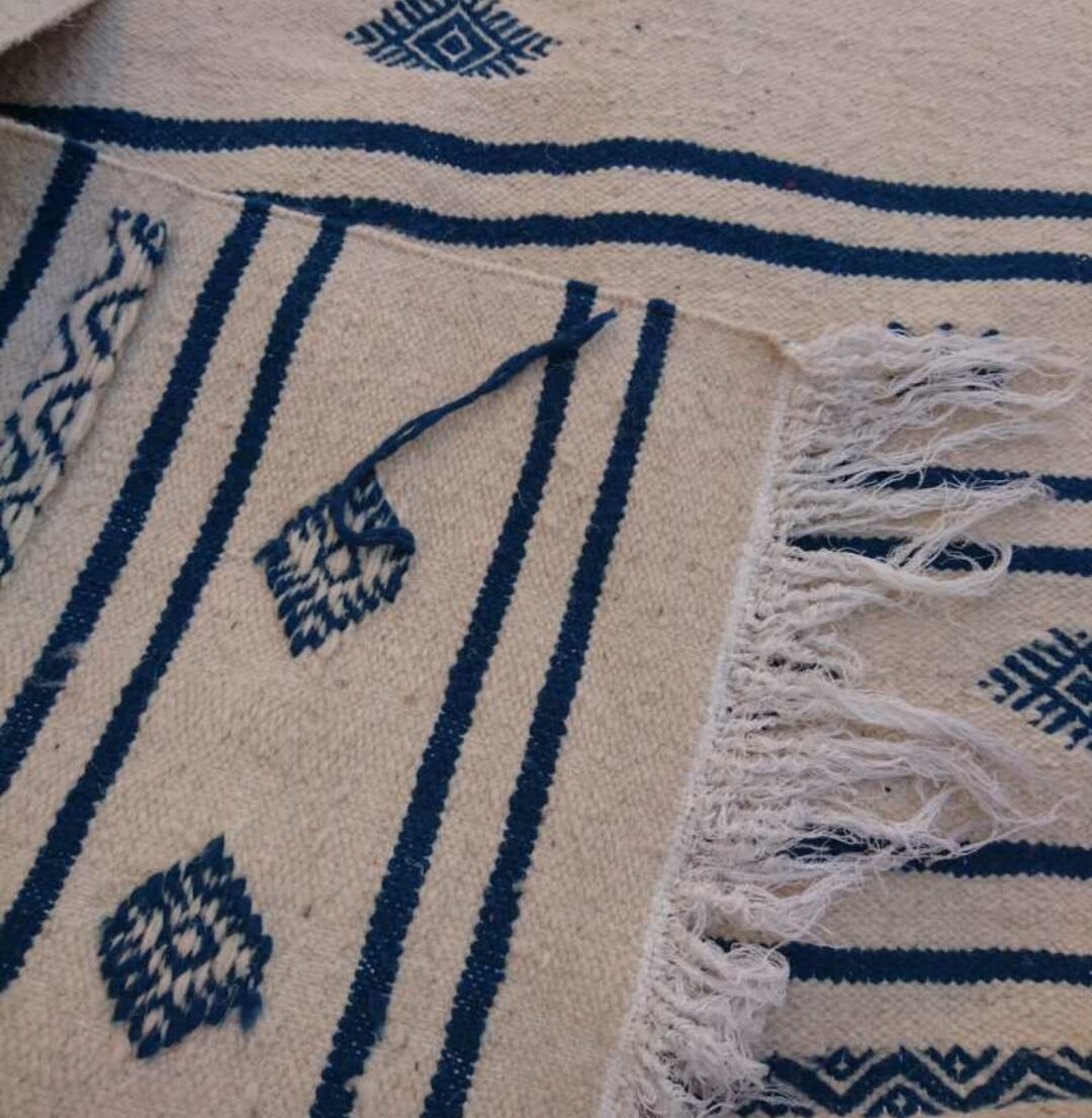 Carpet berber kilim beige and blue in pure wool 200x110cm