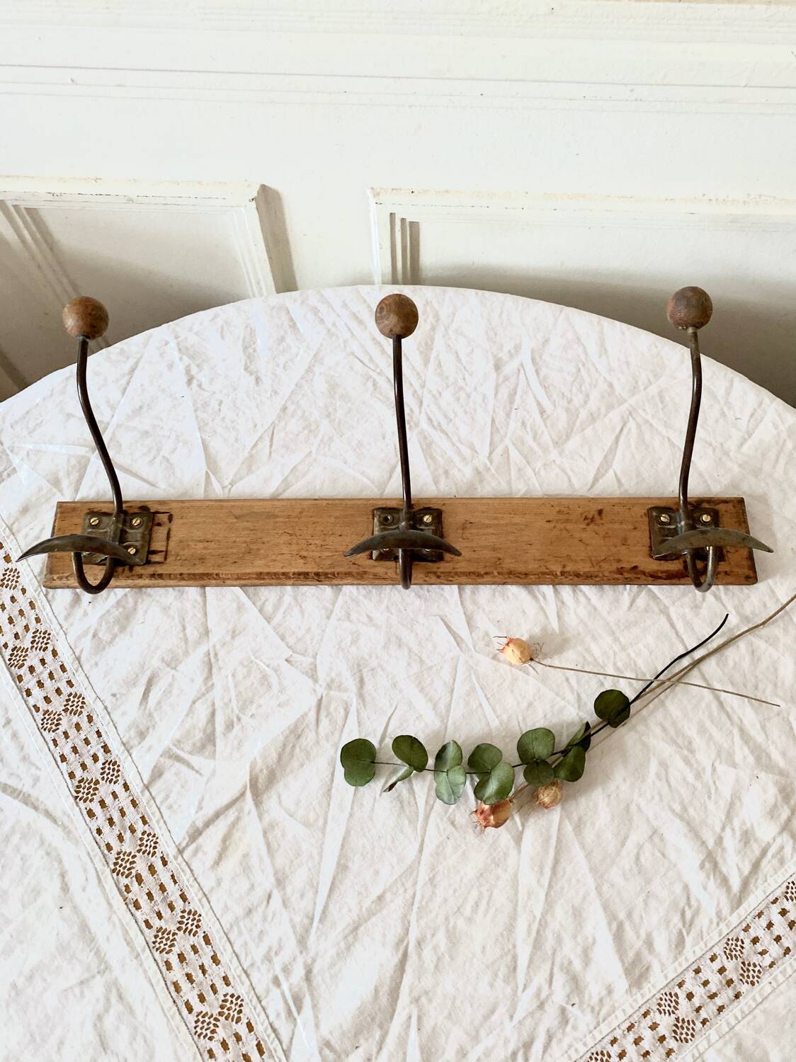 Vintage wood and metal coat hook 3 hooks