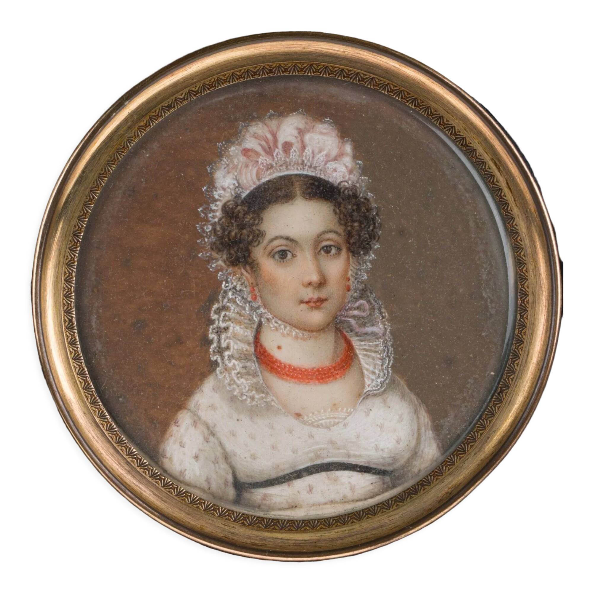 Miniature debut XIXe femme a la coiffe empire cadre bois noirci