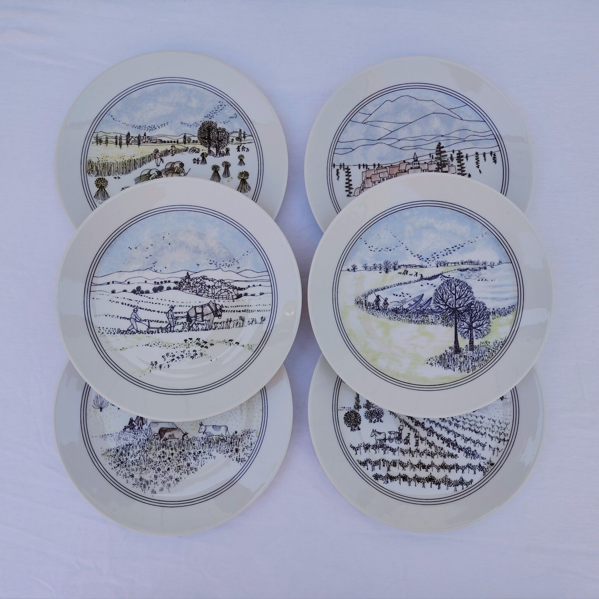 Dessert plates, Auteuil porcelain, naive, Danielle Dillemann