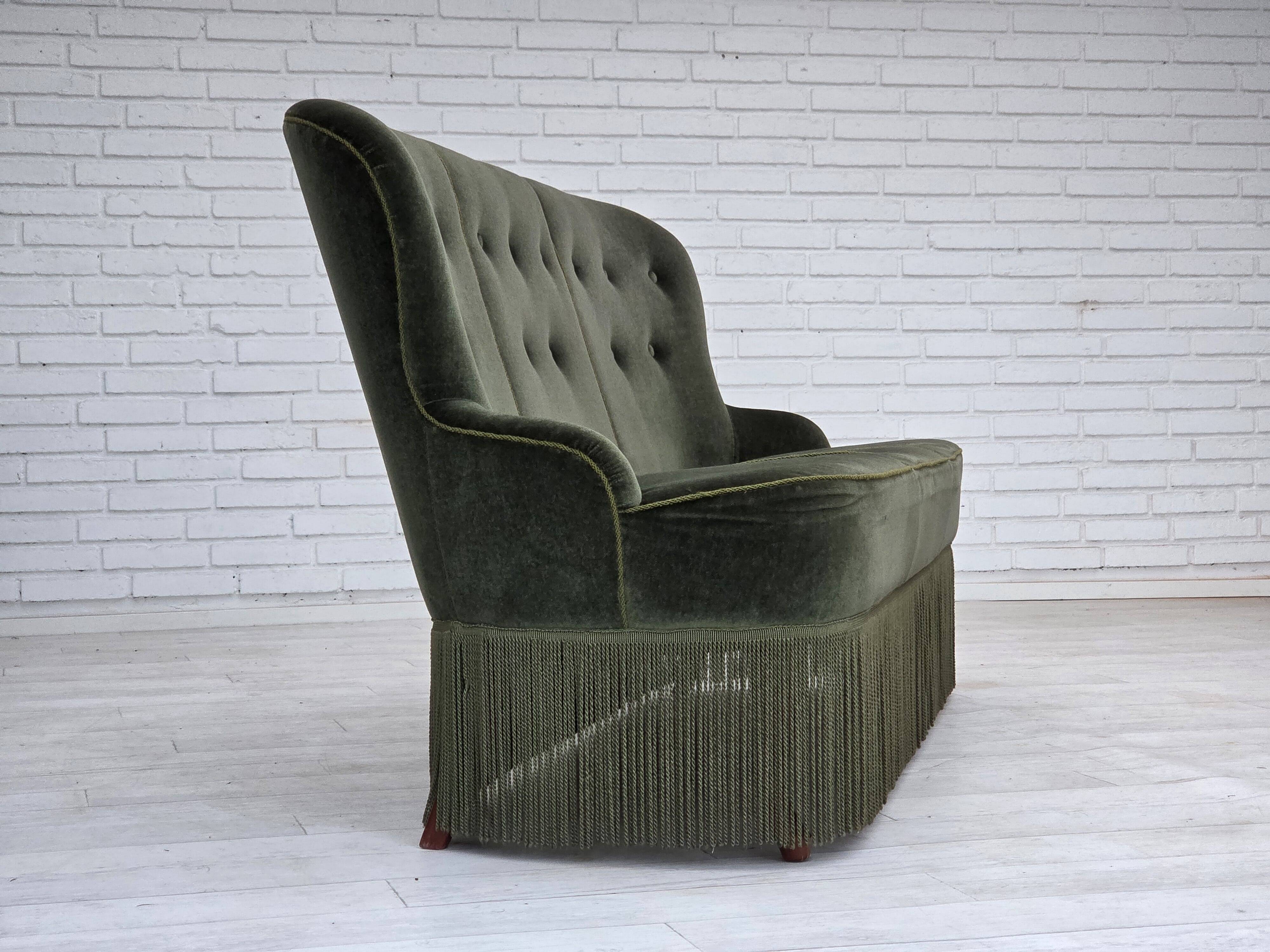 1970s, Danish 3-seater sofa, furniture velour, beech wood legs.