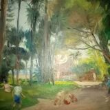 Old impressionist painting "the garden of the massena museum" sign pierre villain