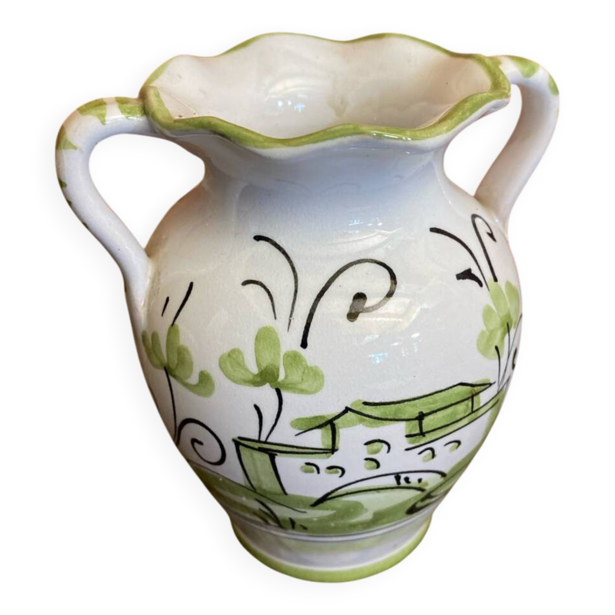 Vintage White Ceramic Vase with Green Landscape Decor from the 1970s