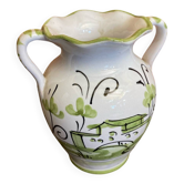 Vintage White Ceramic Vase with Green Landscape Decor from the 1970s