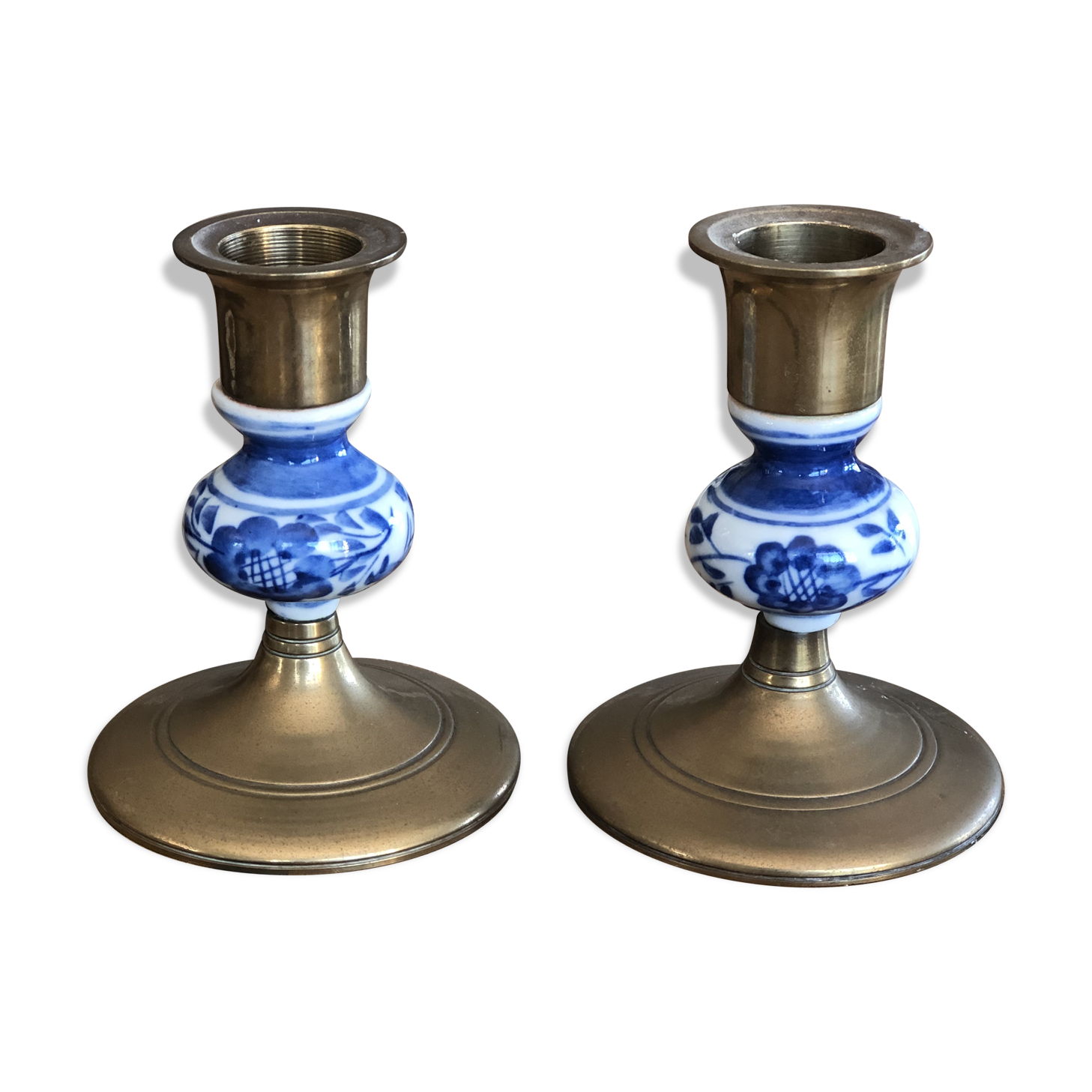 2 brass and ceramic candlesticks