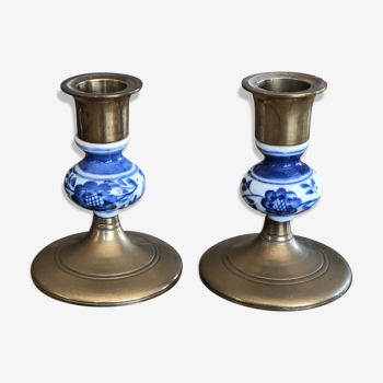 2 brass and ceramic candlesticks