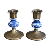 2 brass and ceramic candlesticks