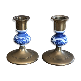 2 brass and ceramic candlesticks