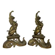 Pair of Antique Art Nouveau Brass Griffin Andirons