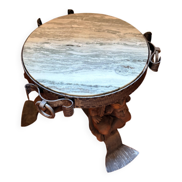 Wrought iron and hammered marble coffee table circa 1950.