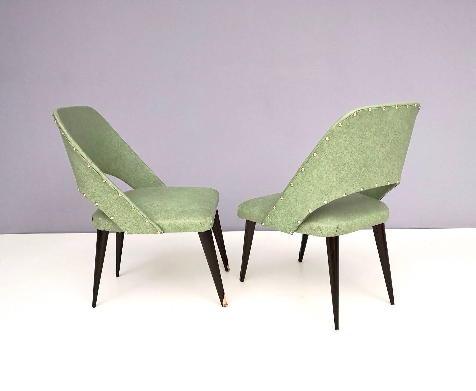 Pair of Vintage Green Skai Side Chairs with Ebonized Wood Legs, Italy