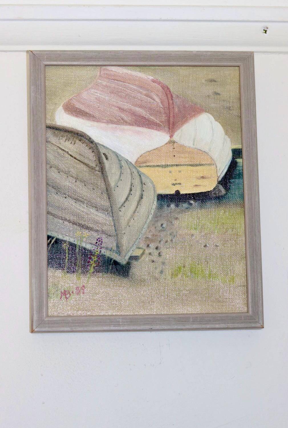 Original Swedish modernist oil on canvas from 1989 "Boats"