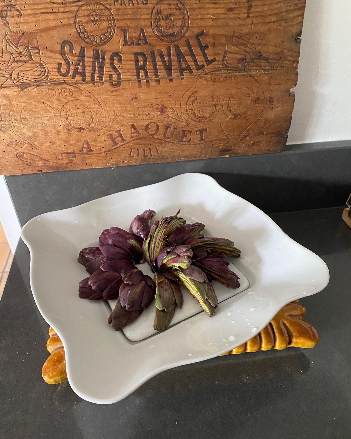 Square asparagus dish in white porcelain