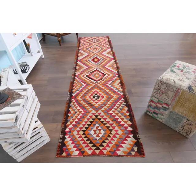 1970s Vintage Turkish Hand-Knotted Wool Cotton Orange Runner Rug 85x330