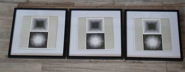 Trio Tableaux Vintage Art Optique - Victor Vasarely - Cadres 40x40cm.