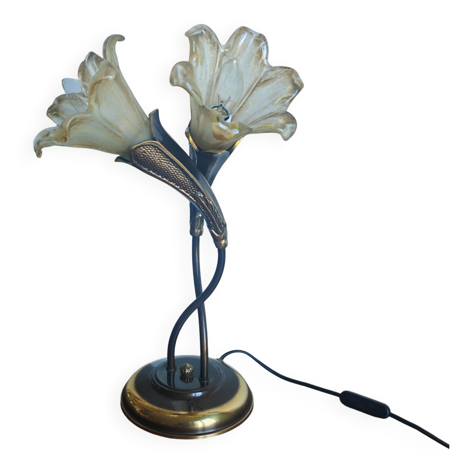 Double flower lamp Art Nouveau – Intertwined brass stems & art glass type