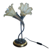 Double flower lamp Art Nouveau – Intertwined brass stems & art glass type