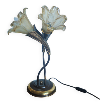 Double flower lamp Art Nouveau – Intertwined brass stems & art glass type
