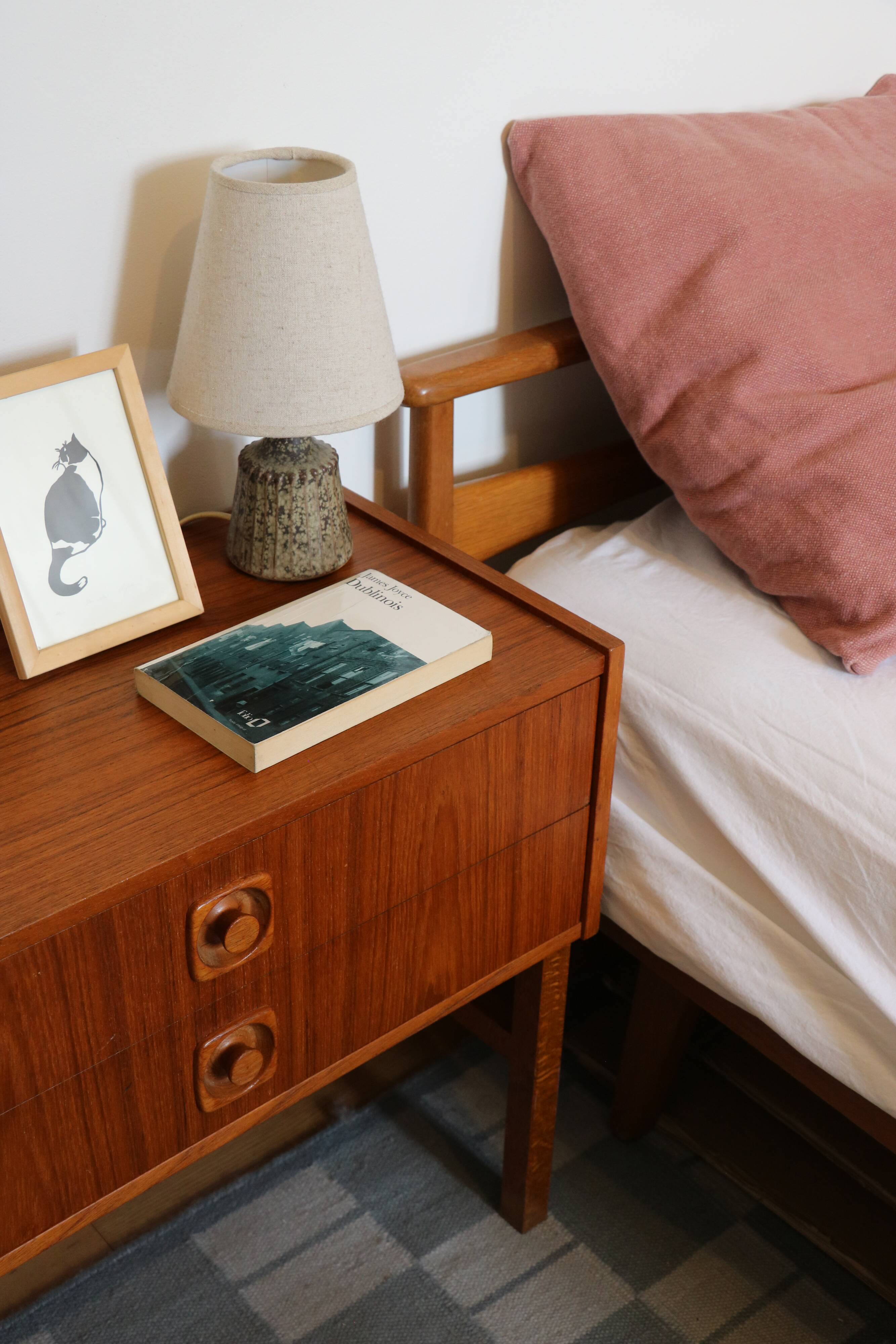 Bedside table, small Scandinavian chest of drawers, 1960, teak.