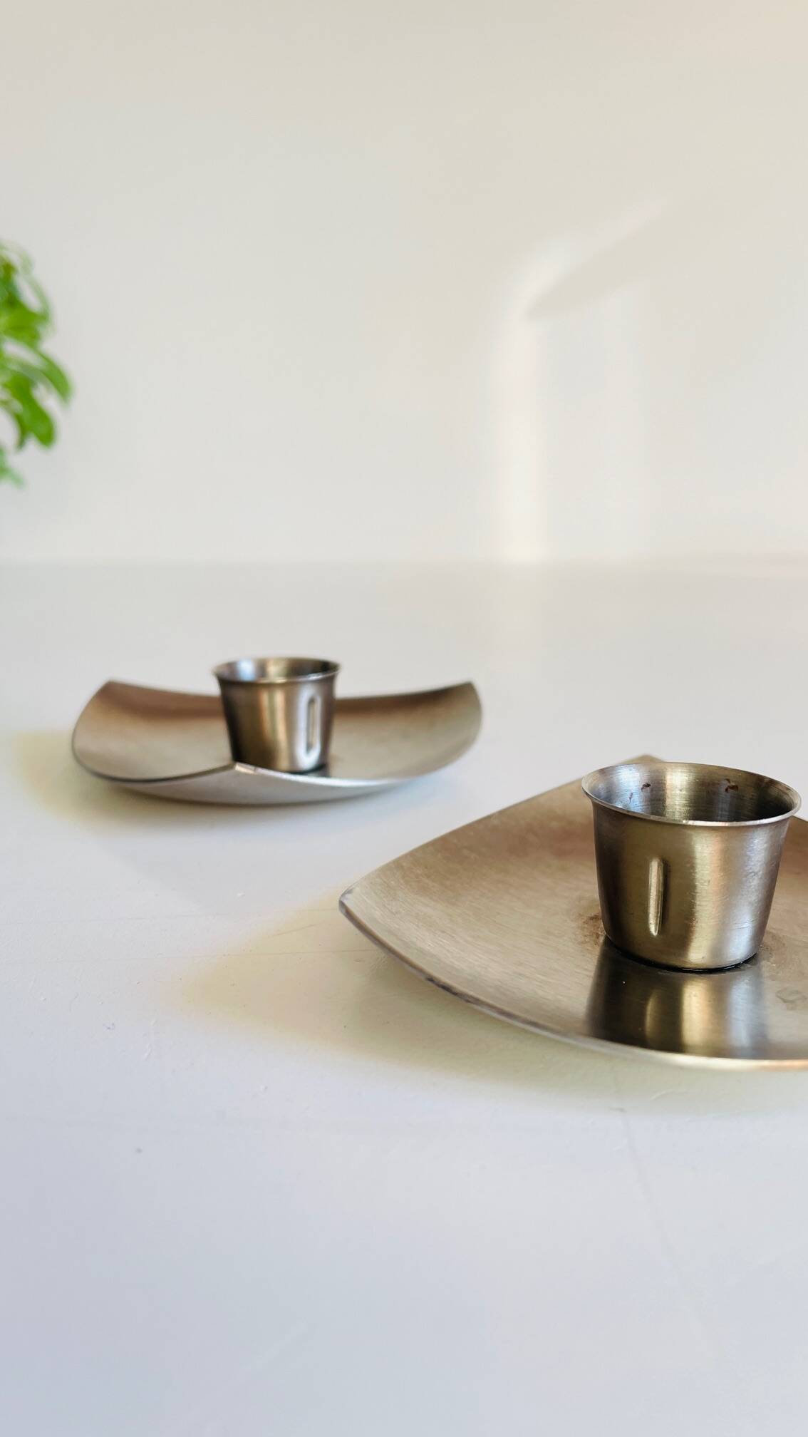 Vintage brushed metal geometric candle holders
