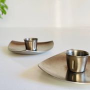 Vintage brushed metal geometric candle holders